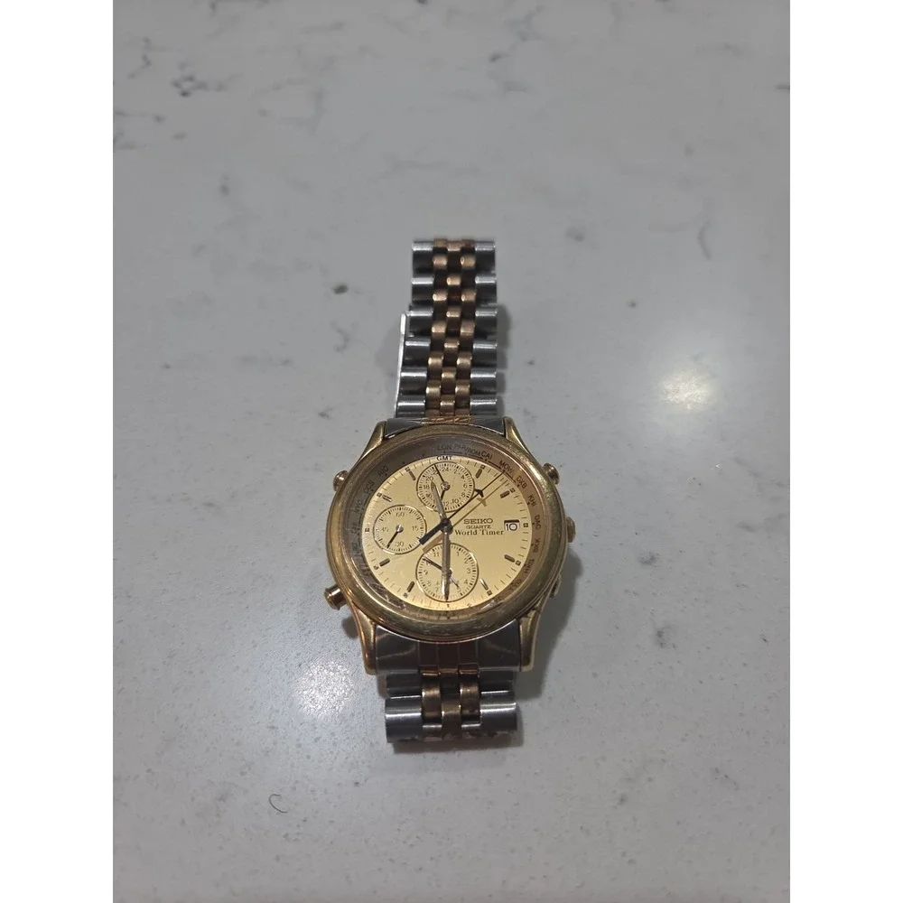 Vintage Seiko 5T52-6A29 World Timer GMT Alarm Gold Tone 37.5mm Watch